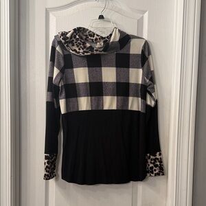 Sew In Love Black and Cream Plaid Cowl-Neck Mixed-Print Sweater